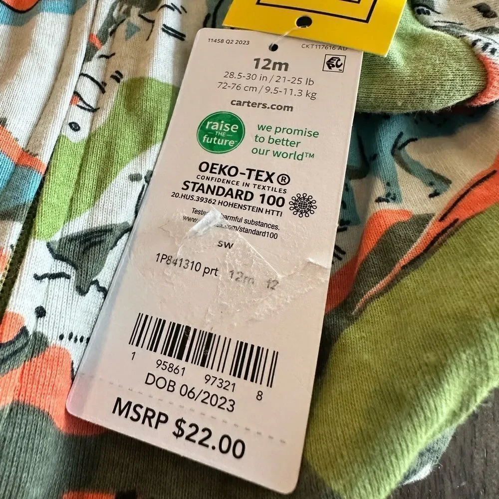NWT Carters Baby Boys Snug Fit One Piece with Feet Green Dinosaur- Size 12M